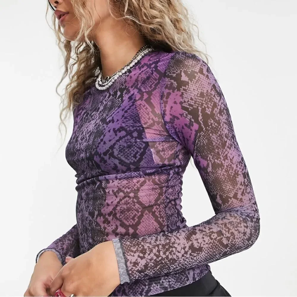 AFRM Sunny Long Sleeve Mesh Purple Ombre Snake Print Top Sz S